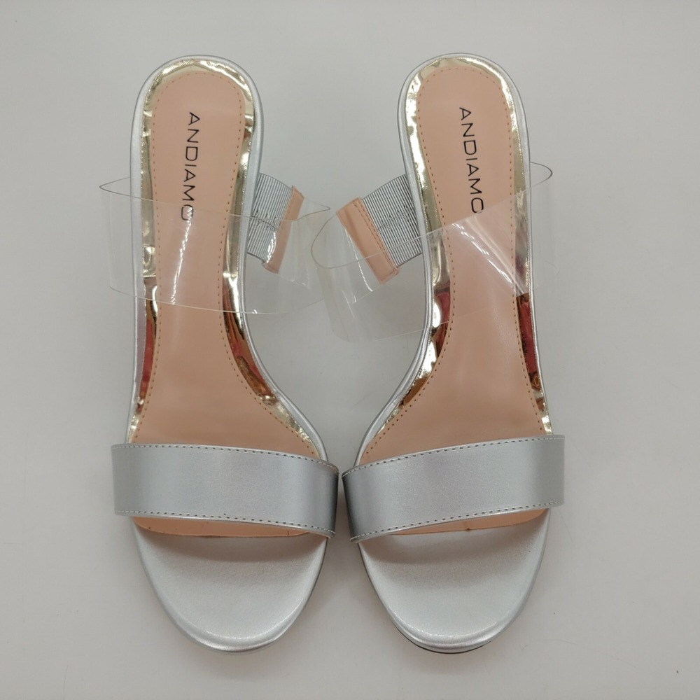 ANDIAMO Shoes‎ Womens Double Take Patent Faux Leather Slide Pump Silver 8.5